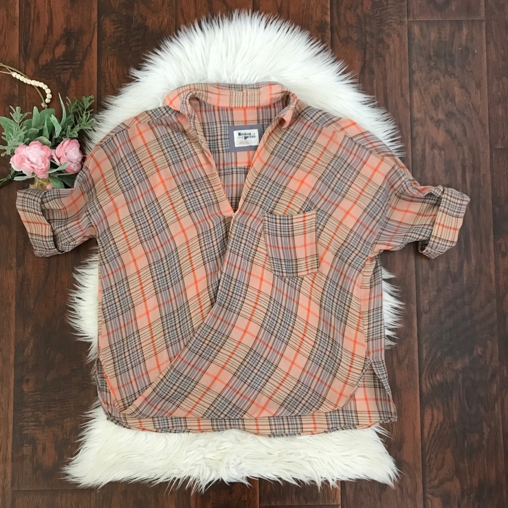 Anthropologie Holding Horses Plaid Wrap Collar Top